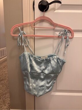 La Hearts Light Blue Satin Tie-Shoulder Corset Tank
